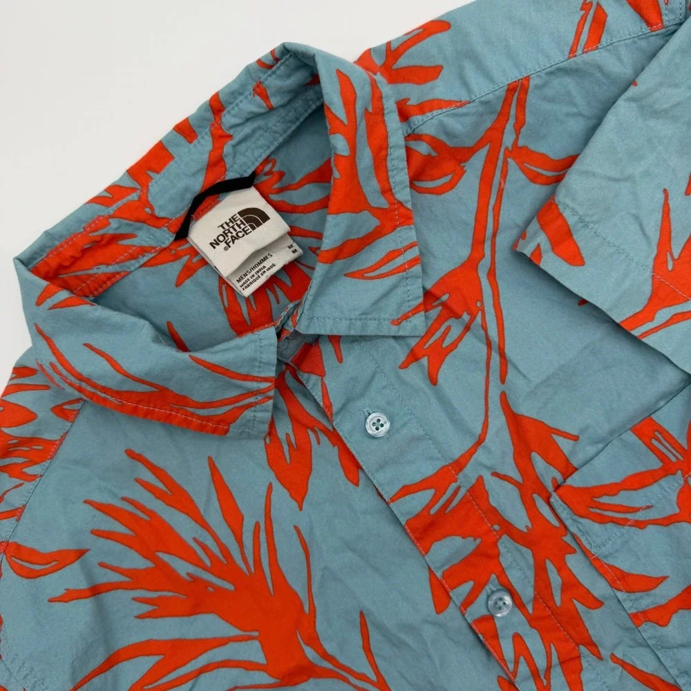 The North Face Mens Medium Blue Orange Botanical Print Cotton Button Up Shirt